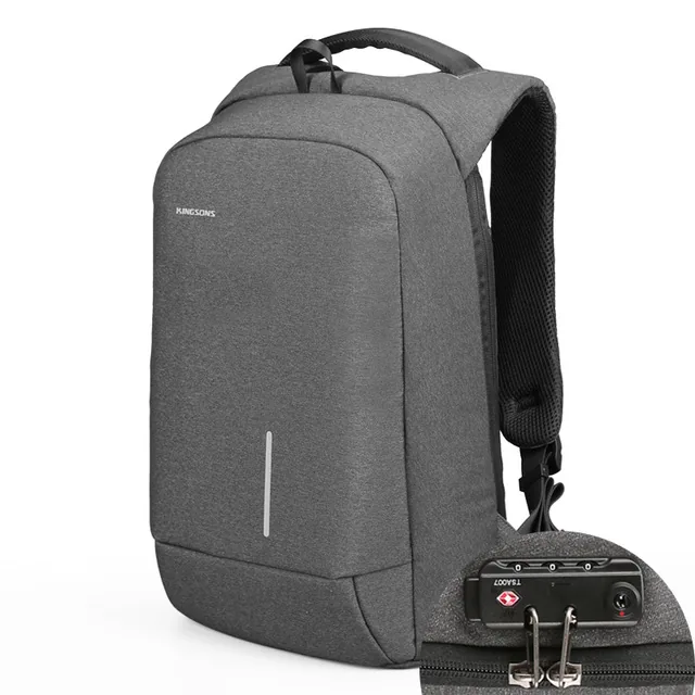 VaultPack side profile showing the TSA-compatible combination lock and anti-theft strap detail
